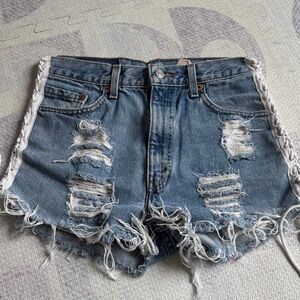 Womens Distressed Light Blue Denim Jean Shorts with Side Lace-Up